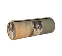 YWSOTRE Border Collie Pelouse Animaux Noir Bordure Blanche, Trousse à Crayons Étui à Stylo cylindrique Sac à Crayons en Cuir Portable avec Sac à cosmétiques à Fermeture éclair