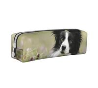 YWSOTRE Border Collie Pelouse Border Collie Noir Animaux, Trousse à Crayons, étui à stylos, Sac à Crayons en Cuir Portable avec Pochette à cosmétiques à Fermeture éclair