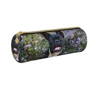 YWSOTRE Bouledogue français se Tient dans Un Design de Fleurs, Trousse à Crayons Étui à Stylo cylindrique Sac à Crayons en Cuir Portable avec Sac à cosmétiques à Fermeture éclair