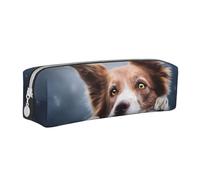 YWSOTRE Brown Border Collie Bokeh Dieu aux Yeux Jaunes, Trousse à Crayons, étui à stylos, Sac à Crayons en Cuir Portable avec Pochette à cosmétiques à Fermeture éclair