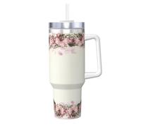 YWSOTRE Cadre ovale vintage avec roses roses,Bouteille d'eau en acier inoxydable avec poignée Ice Bully Cup 40 oz