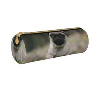 YWSOTRE Carlin Bokeh Chiot Chiens Pelouse Animaux Carlin, Trousse à Crayons Étui à Stylo cylindrique Sac à Crayons en Cuir Portable avec Sac à cosmétiques à Fermeture éclair