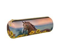 YWSOTRE Cheval Tournesol Jaune imprimé, Trousse à Crayons Étui à Stylo cylindrique Sac à Crayons en Cuir Portable avec Sac à cosmétiques à Fermeture éclair