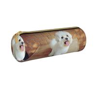 YWSOTRE Chien Maltais, Trousse à Crayons Étui à Stylo cylindrique Sac à Crayons en Cuir Portable avec Sac à cosmétiques à Fermeture éclair