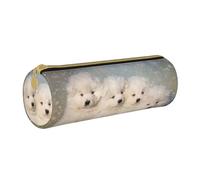 YWSOTRE Chiots Samoyèdes Chiens Blancs Famille Petit Samoyède, Trousse à Crayons Étui à Stylo cylindrique Sac à Crayons en Cuir Portable avec Sac à cosmétiques à Fermeture éclair