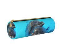 YWSOTRE Dauphins au Visage Souriant imprimé, Trousse à Crayons Étui à Stylo cylindrique Sac à Crayons en Cuir Portable avec Sac à cosmétiques à Fermeture éclair