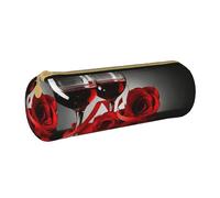 YWSOTRE Décor d'amoureux romantiques de Rose Rouge et de vin, Trousse à Crayons Étui à Stylo cylindrique Sac à Crayons en Cuir Portable avec Sac à cosmétiques à Fermeture éclair