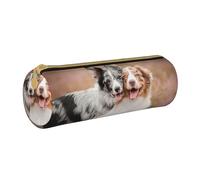 YWSOTRE Deux Berger Australien Border Collie, Trousse à Crayons Étui à Stylo cylindrique Sac à Crayons en Cuir Portable avec Sac à cosmétiques à Fermeture éclair