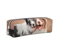 YWSOTRE Deux Berger Australien Border Collie, Trousse à Crayons, étui à stylos, Sac à Crayons en Cuir Portable avec Pochette à cosmétiques à Fermeture éclair