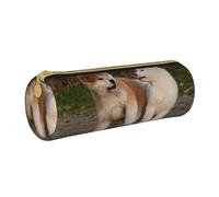 YWSOTRE Deux Mignons Chiens Akita, Trousse à Crayons Étui à Stylo cylindrique Sac à Crayons en Cuir Portable avec Sac à cosmétiques à Fermeture éclair