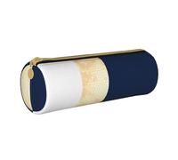 YWSOTRE Élégant Faux Or Bleu Marine Rayures Blanches Accent, Trousse à Crayons Étui à Stylo cylindrique Sac à Crayons en Cuir Portable avec Sac à cosmétiques à Fermeture éclair
