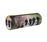 YWSOTRE Famille Border Collie, Trousse à Crayons Étui à Stylo cylindrique Sac à Crayons en Cuir Portable avec Sac à cosmétiques à Fermeture éclair