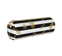 YWSOTRE Feuille d'or Rayée Noir Et Blanc, Trousse à Crayons Étui à Stylo cylindrique Sac à Crayons en Cuir Portable avec Sac à cosmétiques à Fermeture éclair