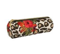 YWSOTRE Fleur d'hibiscus léopard, Trousse à Crayons Étui à Stylo cylindrique Sac à Crayons en Cuir Portable avec Sac à cosmétiques à Fermeture éclair