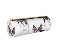 YWSOTRE Frenchie Noir Dessin Animé Bouledogue Français Lunettes Roses Chien Blanc, Trousse à Crayons Étui à Stylo cylindrique Sac à Crayons en Cuir Portable avec Sac à cosmétiques à Fermeture éclair