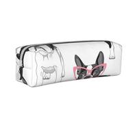 YWSOTRE Frenchie Noir Dessin Animé Bouledogue Français Lunettes Roses Chien Blanc, Trousse à Crayons, étui à stylos, Sac à Crayons en Cuir Portable avec Pochette à cosmétiques à Fermeture éclair