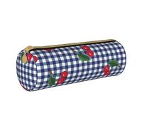 YWSOTRE Imprimer des Cerises à Carreaux Bleus, Trousse à Crayons Étui à Stylo cylindrique Sac à Crayons en Cuir Portable avec Sac à cosmétiques à Fermeture éclair