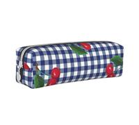 YWSOTRE Imprimer des Cerises à Carreaux Bleus, Trousse à Crayons, étui à stylos, Sac à Crayons en Cuir Portable avec Pochette à cosmétiques à Fermeture éclair
