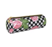 YWSOTRE Imprimer des Roses sur Un Plaid Noir et Blanc, Trousse à Crayons Étui à Stylo cylindrique Sac à Crayons en Cuir Portable avec Sac à cosmétiques à Fermeture éclair