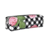 YWSOTRE Imprimer des Roses sur Un Plaid Noir et Blanc, Trousse à Crayons, étui à stylos, Sac à Crayons en Cuir Portable avec Pochette à cosmétiques à Fermeture éclair