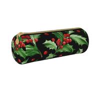 YWSOTRE Joyeux Noël Houx, Trousse à Crayons Étui à Stylo cylindrique Sac à Crayons en Cuir Portable avec Sac à cosmétiques à Fermeture éclair