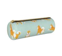 YWSOTRE Mignon Chiot Shiba Inu, Trousse à Crayons Étui à Stylo cylindrique Sac à Crayons en Cuir Portable avec Sac à cosmétiques à Fermeture éclair