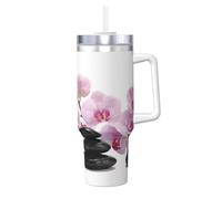 YWSOTRE Pierres et orchidée rose,Bouteille d'eau en acier inoxydable avec poignée Ice Bully Cup 40 oz