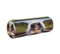 YWSOTRE Rough Collie Bokeh Railway Chiens Animaux de Compagnie Rough, Trousse à Crayons Étui à Stylo cylindrique Sac à Crayons en Cuir Portable avec Sac à cosmétiques à Fermeture éclair