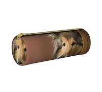 YWSOTRE Rough Collie Lassie Chiens Gros Chiens Moelleux Animaux de Compagnie, Trousse à Crayons Étui à Stylo cylindrique Sac à Crayons en Cuir Portable avec Sac à cosmétiques à Fermeture éclair