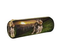 YWSOTRE Schnauzer Coucher De Soleil Chiens Animaux Montagnes Schnauzer, Trousse à Crayons Étui à Stylo cylindrique Sac à Crayons en Cuir Portable avec Sac à cosmétiques à Fermeture éclair