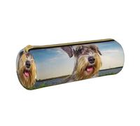 YWSOTRE Schnauzer Pelouse Animaux Chiens Gris Chnauzer, Trousse à Crayons Étui à Stylo cylindrique Sac à Crayons en Cuir Portable avec Sac à cosmétiques à Fermeture éclair