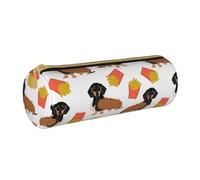 YWSOTRE Teckel Hot Dog Et Frites Nourriture Drôle Mignonne, Trousse à Crayons Étui à Stylo cylindrique Sac à Crayons en Cuir Portable avec Sac à cosmétiques à Fermeture éclair