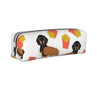 YWSOTRE Teckel Hot Dog Et Frites Nourriture Drôle Mignonne, Trousse à Crayons, étui à stylos, Sac à Crayons en Cuir Portable avec Pochette à cosmétiques à Fermeture éclair