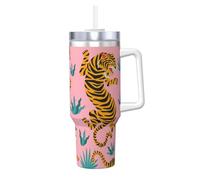 YWSOTRE Tigres dansant sur un imprimé animalier rose, tigre asiatique doré, orange et noir,Bouteille d'eau en acier inoxydable avec poignée Ice Bully Cup 40 oz