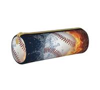 YWSOTRE Une Photo d'une Balle de Baseball dans l'eau et Le feu, Trousse à Crayons Étui à Stylo cylindrique Sac à Crayons en Cuir Portable avec Sac à cosmétiques à Fermeture éclair