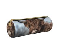 YWSOTRE Vache des Highlands Faune écossaise, Trousse à Crayons Étui à Stylo cylindrique Sac à Crayons en Cuir Portable avec Sac à cosmétiques à Fermeture éclair