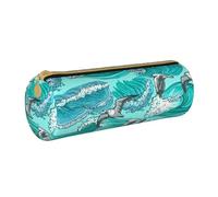 YWSOTRE Vagues, Croquis, Mouette, Oiseaux, Trousse à Crayons Étui à Stylo cylindrique Sac à Crayons en Cuir Portable avec Sac à cosmétiques à Fermeture éclair