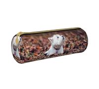 YWSOTRE Westie Bokeh Chiens West Highland White Terrier, Trousse à Crayons Étui à Stylo cylindrique Sac à Crayons en Cuir Portable avec Sac à cosmétiques à Fermeture éclair