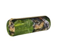 YWSOTRE Yorkshire Terrier Herbe Verte Yorkie Chiens Mignons, Trousse à Crayons Étui à Stylo cylindrique Sac à Crayons en Cuir Portable avec Sac à cosmétiques à Fermeture éclair