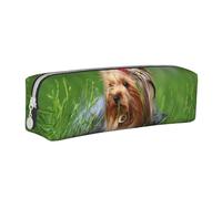 YWSOTRE Yorkshire Terrier Pelouse Chiens Mignons Ummer Arc Rouge, Trousse à Crayons, étui à stylos, Sac à Crayons en Cuir Portable avec Pochette à cosmétiques à Fermeture éclair