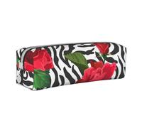 YWSOTRE Zèbre Animal Fleur Rouge, Trousse à Crayons, étui à stylos, Sac à Crayons en Cuir Portable avec Pochette à cosmétiques à Fermeture éclair