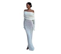 YXADGML Femme Robe Pull Tricoté Robe Longue en Tricot ajourée à Manches Longues for Femme, élégante, épaules dénudées, Transparente, idéale for Une soirée(White,S)