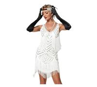 YXADGML Robe a Frange Robe Courte Great Lady à Franges, Sequins, Perles et Mini Pompons(White,S)