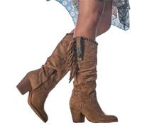 YXADGML Santiag Femme Bottes Hautes for Femmes, Style rétro, Boucle en métal, Bout Pointu, Talon épais, Pompon, Style Western, Style Cowboy(Brown,39)