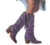 YXADGML Santiag Femme Bottes Hautes for Femmes, Style rétro, Boucle en métal, Bout Pointu, Talon épais, Pompon, Style Western, Style Cowboy(Purple,36)