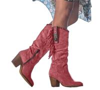 YXADGML Santiag Femme Bottes Hautes for Femmes, Style rétro, Boucle en métal, Bout Pointu, Talon épais, Pompon, Style Western, Style Cowboy(Red,39)