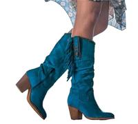 YXADGML Santiag Femme Bottes Hautes for Femmes, Style rétro, Boucle en métal, Bout Pointu, Talon épais, Pompon, Style Western, Style Cowboy(Blue,37)