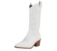 YXADGML Santiag Femme Bottes mi-Mollet for Femmes, Bottes Tendance à Enfiler, Bottes de Cow-Girl Western brodées, Bottes à Talons Hauts Blanches de Style Vintage(White,38)
