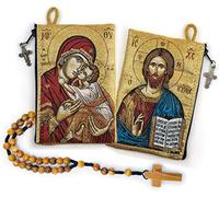 YXBZKGDCNG Chapelet avec chapelet en bois d'olivier en corde catholique d'Israël, Jésus roi de l'univers et I Believe in God Prayer en tissu tissé style tapisserie style sac de voyage, cadeau