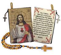 YXBZKGDCNG Chapelet avec chapelet en bois d'olivier en corde catholique d'Israël, Jésus roi de l'univers et I Believe in God Prayer en tissu tissé style tapisserie style sac de voyage, cadeau